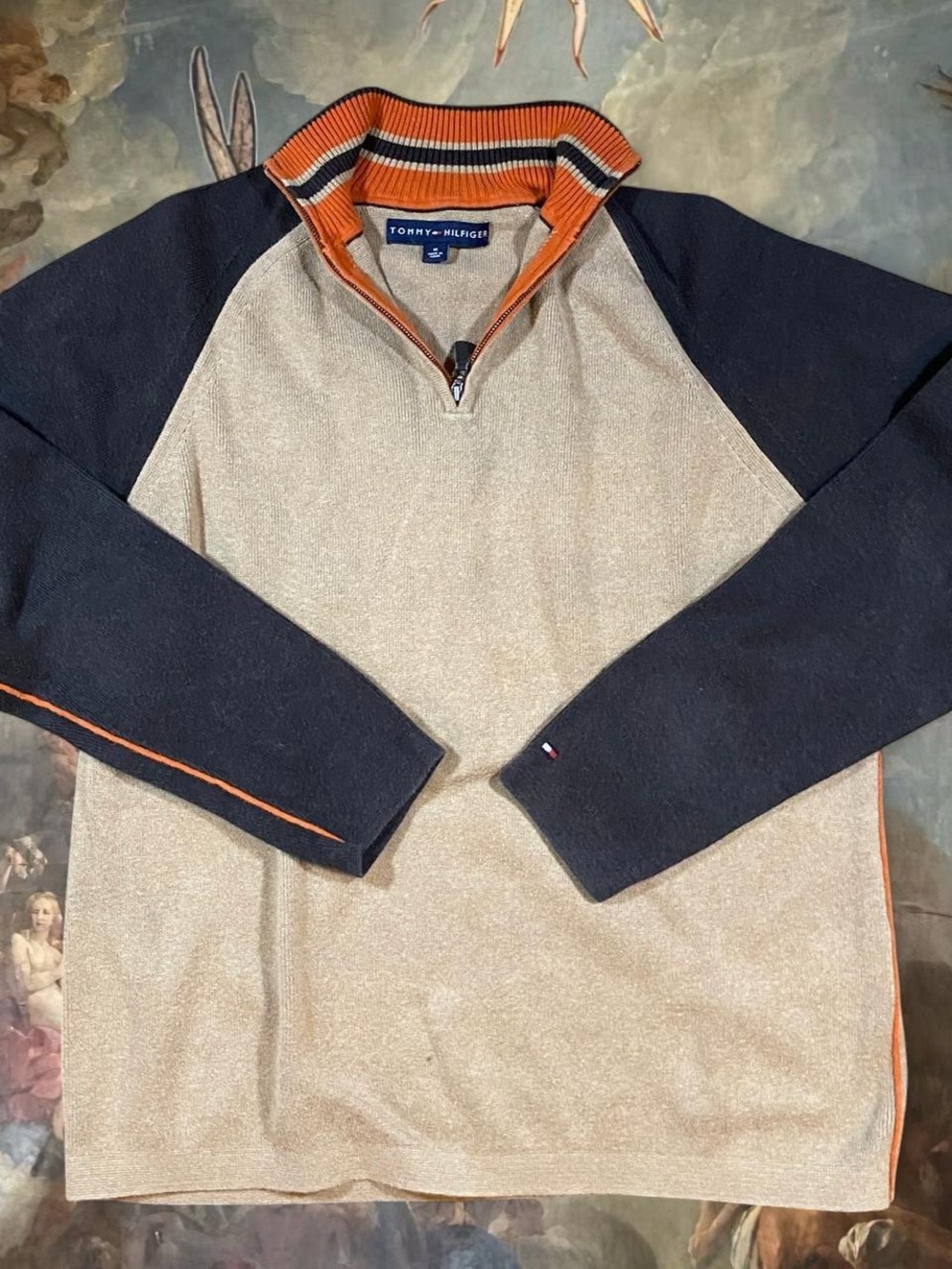 Tommy Hilfiger Men’s Navy & Beige Quarter-Zip Sweater with Orange Trim